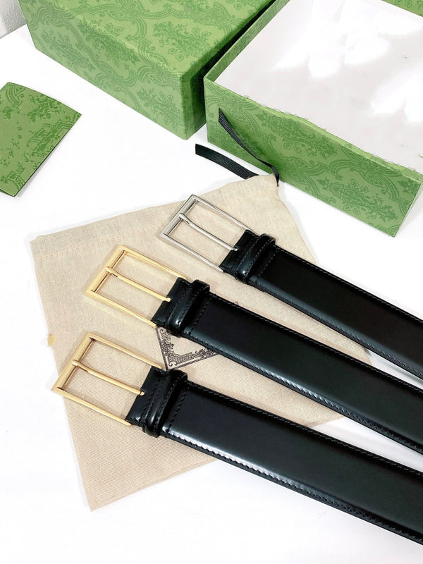 G BELT SILVER SQUARE INSTALL BUCKLE BLACK LEATHER 4.0CM