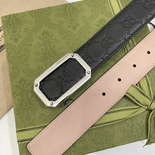 G BELT SILVER SQUARE BUCKLE BLACK LEATHER 3.5CM