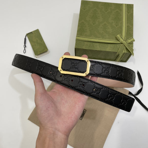 G BELT GOLD SQUARE BUCKLE BLACK LEATHER 3.5CM