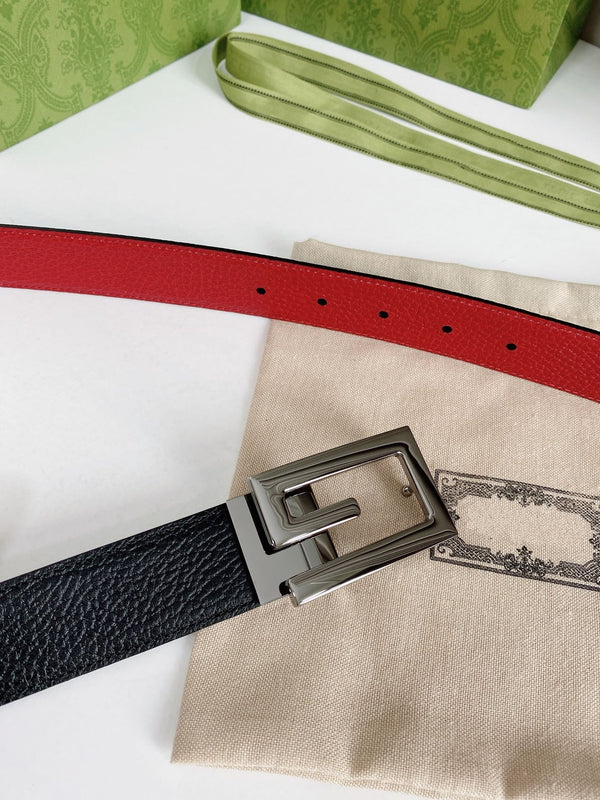 CINTURA G FIBBIA ARGENTO PELLE ROSSA NERA 3,5 CM