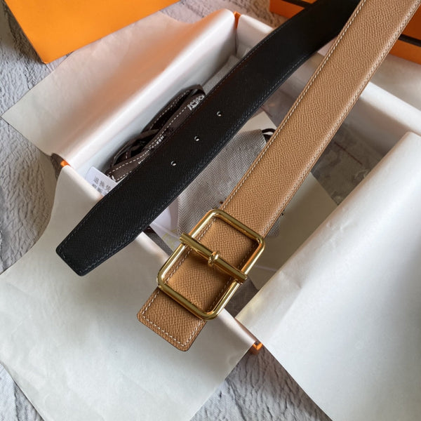 H BELT GOLD BUCKLE BROWN BLACK LEATHER RIVERSIBLE 3.8CM