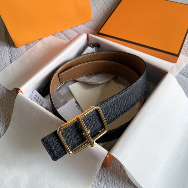 H BELT GOLD BUCKLE BROWN BLACK LEATHER RIVERSIBLE 3.8CM