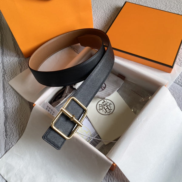 H BELT GOLD BUCKLE BROWN BLACK LEATHER RIVERSIBLE 3.8CM