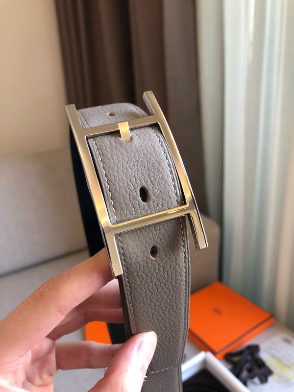 H BELT SILVER BUCKLE GREY BLACK LEATHER REVERSIBLE 3.2CM