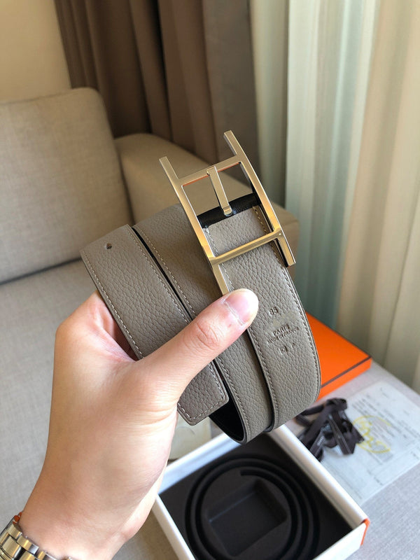 H BELT SILVER BUCKLE GREY BLACK LEATHER REVERSIBLE 3.2CM