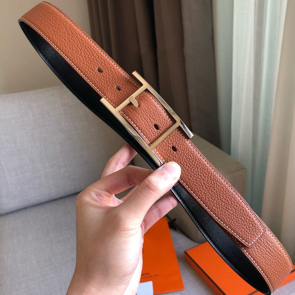 H BELT SILVER BUCKLE BROWN BLACK LEATHER REVERSIBLE 3.2CM