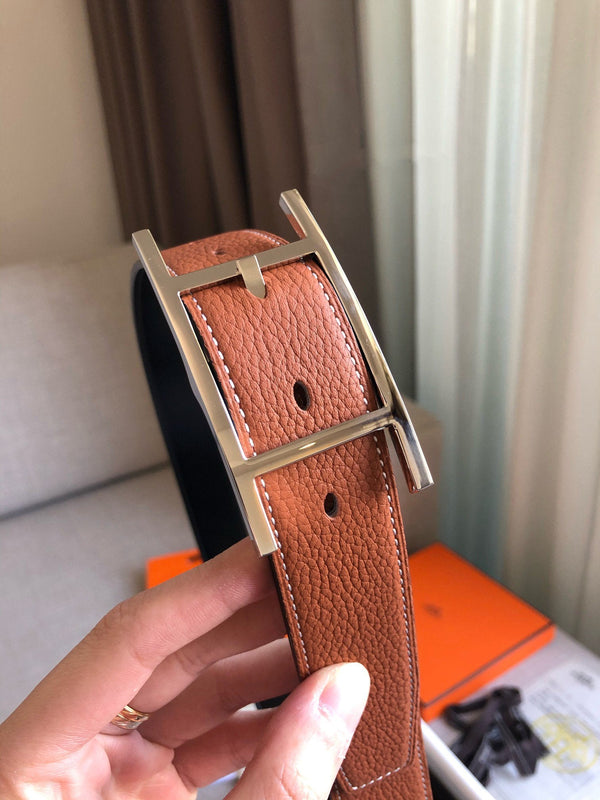 CINTURA H FIBBIA ARGENTO PELLE MARRONE NERA REVERSIBILE 3,2 CM