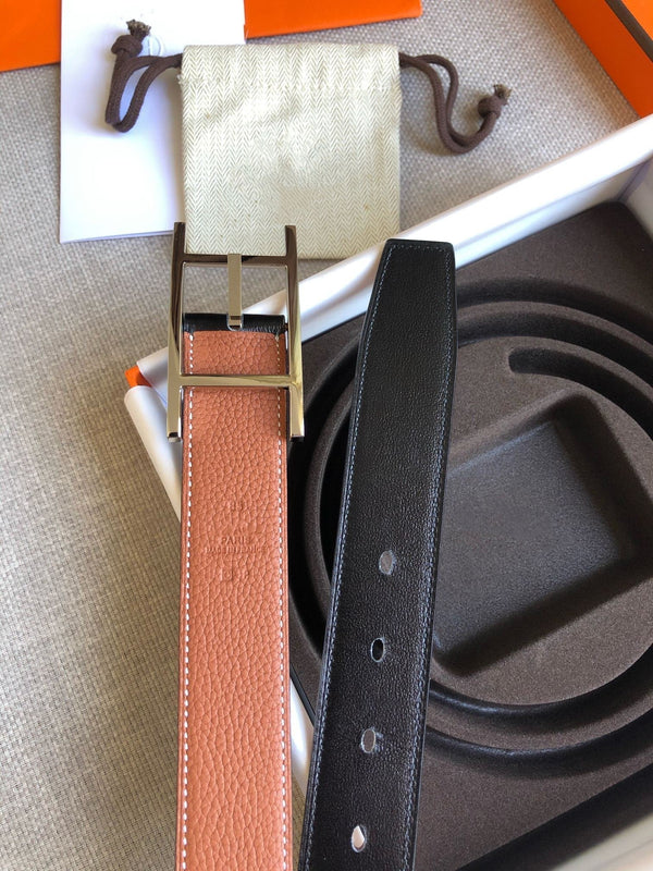 CINTURA H FIBBIA ARGENTO PELLE MARRONE NERA REVERSIBILE 3,2 CM