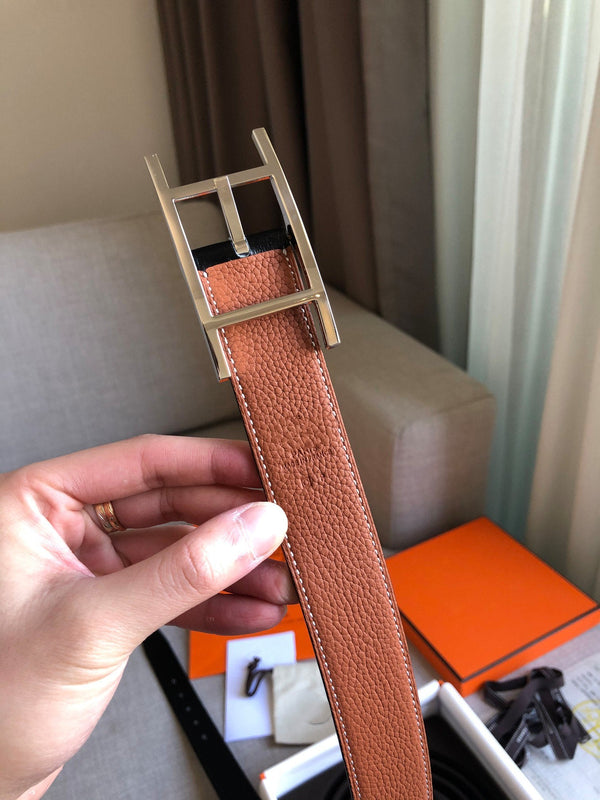 CINTURA H FIBBIA ARGENTO PELLE MARRONE NERA REVERSIBILE 3,2 CM