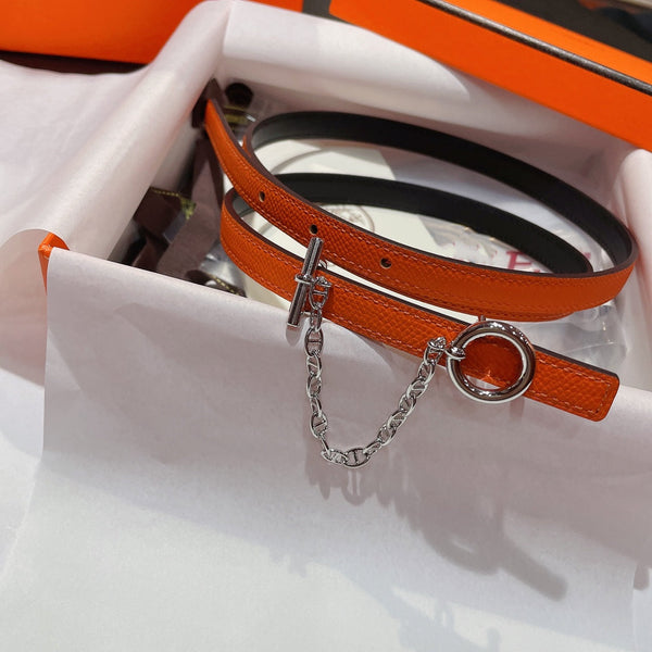 H SILVER BUCKLE WOMEN'S BELT ORANGE BLACK LEATHER STRAP 1.3CM