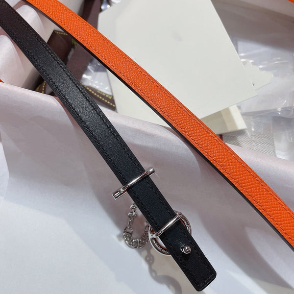 H SILVER BUCKLE WOMEN'S BELT ORANGE BLACK LEATHER STRAP 1.3CM