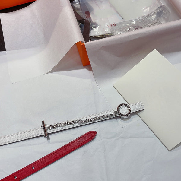 H SILVER BUCKLE WOMEN'S BELT WHITE RED LEATHER STRAP 1.3CM