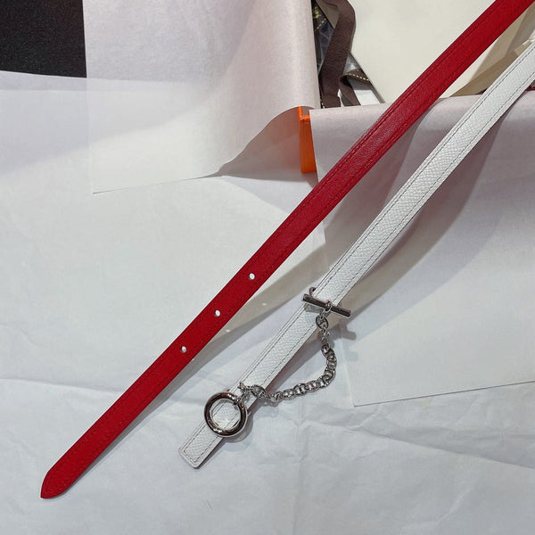 H SILVER BUCKLE WOMEN'S BELT WHITE RED LEATHER STRAP 1.3CM