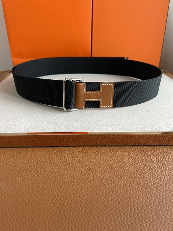 4.0CM BLACK TEXTILE  BROWN LEATHER H BELT
