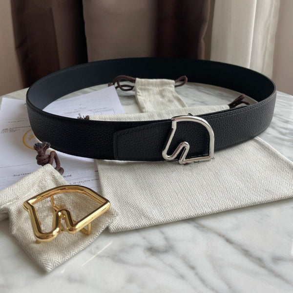 H BELT HORSE BUCKLE BLACK LEATHER REVERSIBLE  3.8CM