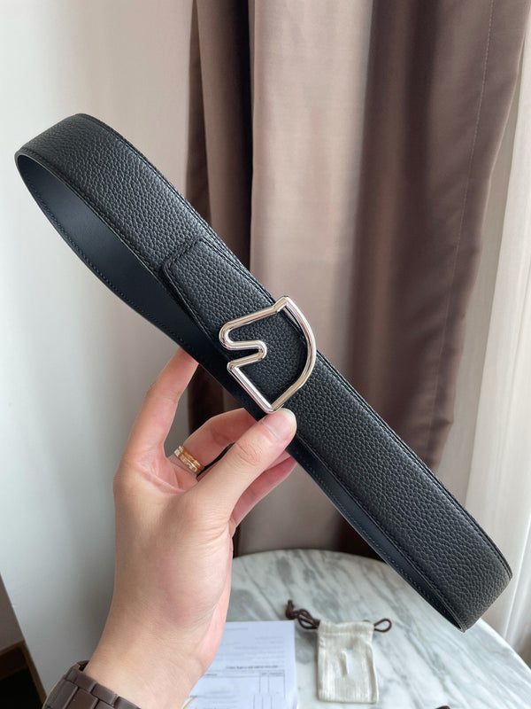 H BELT HORSE BUCKLE BLACK LEATHER REVERSIBLE  3.8CM