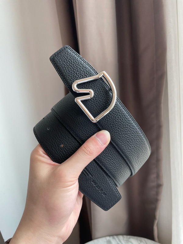 H BELT HORSE BUCKLE BLACK LEATHER REVERSIBLE  3.8CM