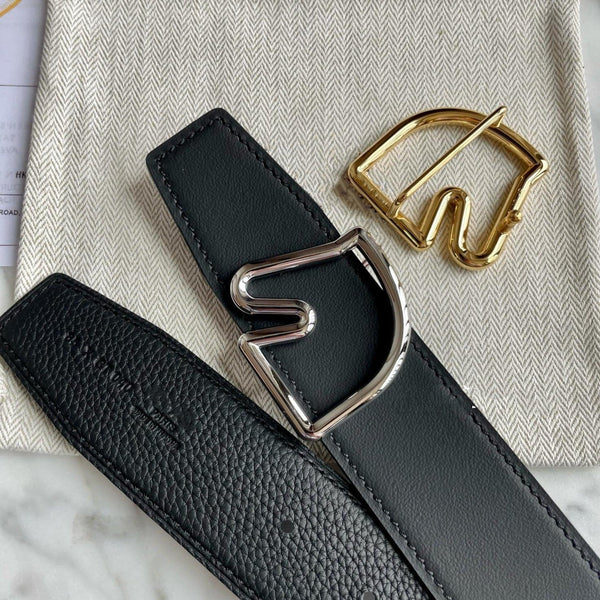 H BELT HORSE BUCKLE BLACK LEATHER REVERSIBLE  3.8CM