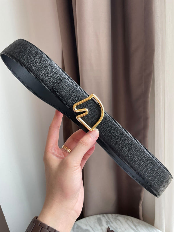 H BELT HORSE BUCKLE BLACK LEATHER REVERSIBLE  3.8CM