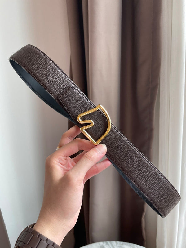 H BELT HORSE BUCKLE DARK BROWN BLACK LEATHER REVERSIBLE  3.8CM