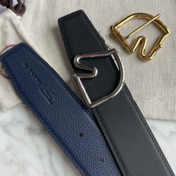 H BELT HORSE BUCKLE  BLUE BLACK LEATHER REVERSIBLE 3.8CM