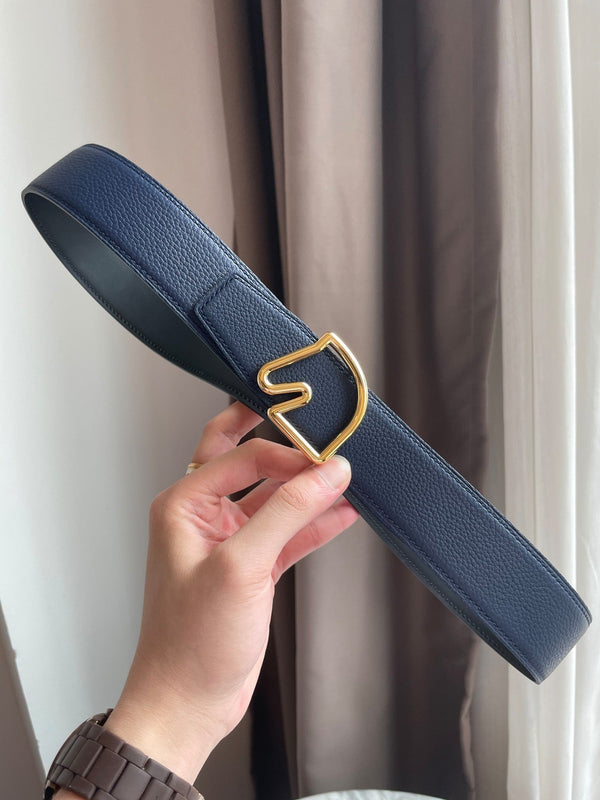 H BELT HORSE BUCKLE  BLUE BLACK LEATHER REVERSIBLE 3.8CM