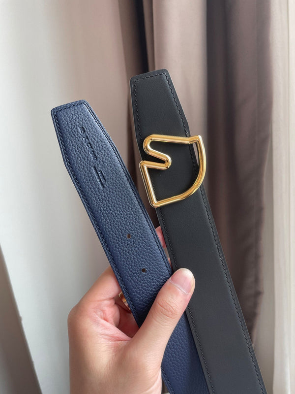 H BELT HORSE BUCKLE  BLUE BLACK LEATHER REVERSIBLE 3.8CM