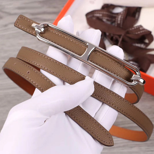 H WOMEN'S BELT 13MM SILVER BUCKLE BROWN GRAY LEATHER