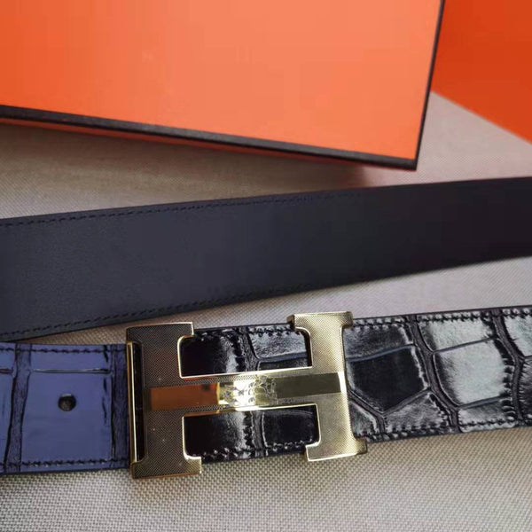 H BELT STEEL BUCKLE CROCODILE-PATTERNED BLACK LEATHER  40MM