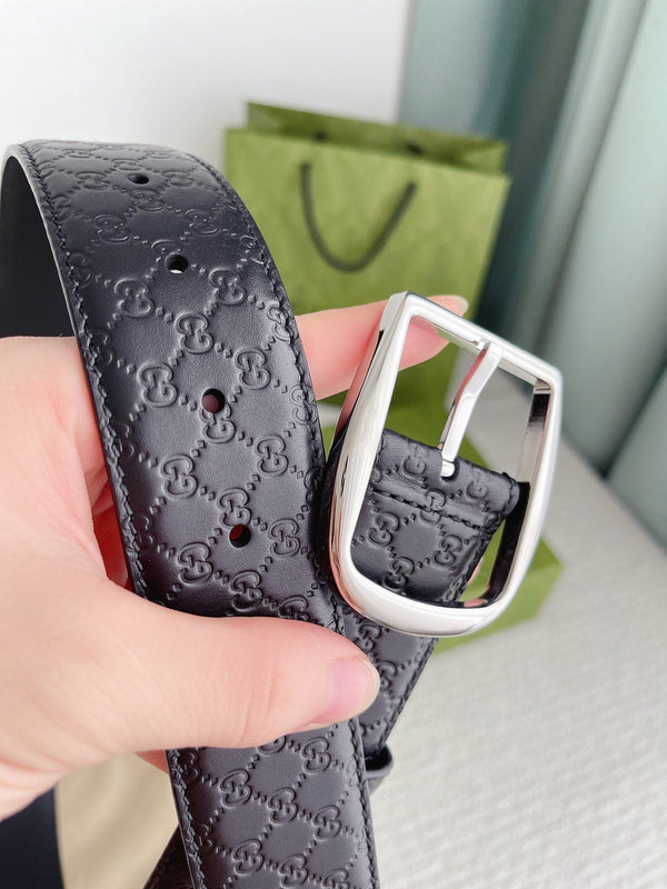 GC BELT SILVER BUCKLE IN GG SINK LEATHER 4.0CM