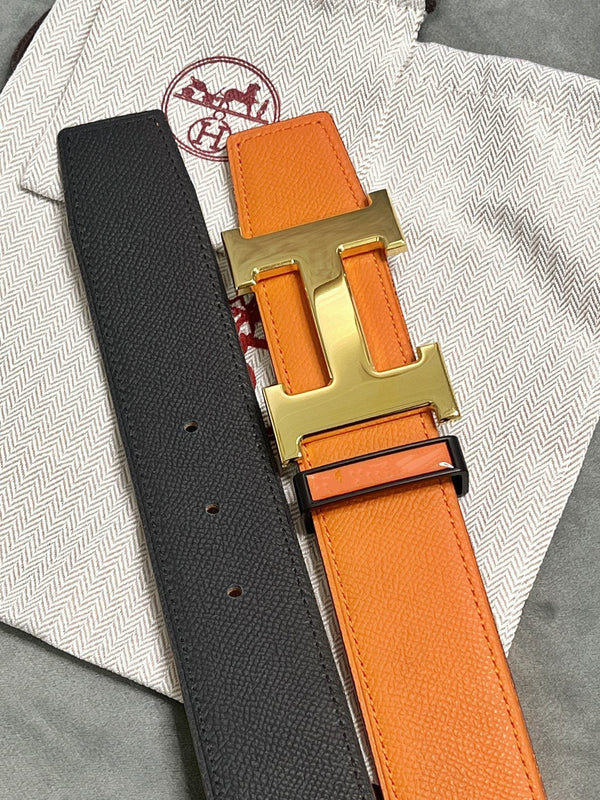 H BELT GOLD BUCKLE 38 MM SMOOTH ORANGE LEATHER REVERSIBLE