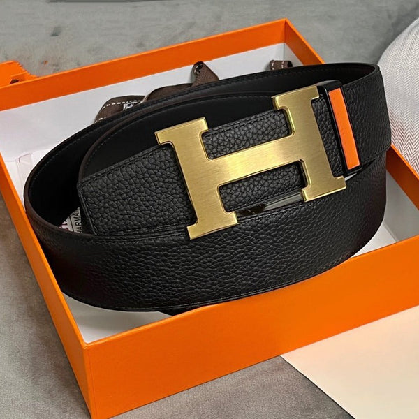 H BELT GOLD BUCKLE 38 MM SMOOTH BLACK LEATHER