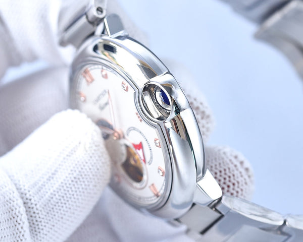 Orologio Blue Balloon da 36 mm con cuore aperto, numeri in diamanti rosa, cinturino in acciaio