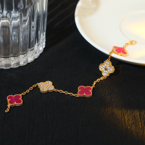 BRACCIALE CLOVER 5 ORO DIAMANTI PIETRA NATURALE ROSA