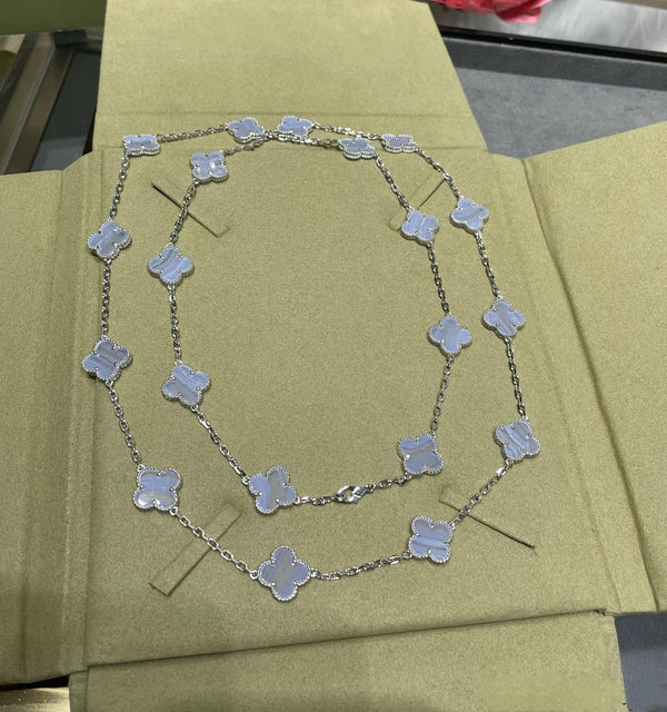 CLOVER 20 MOTIF CHALCEDONY 86CM SILVER NECKLACE