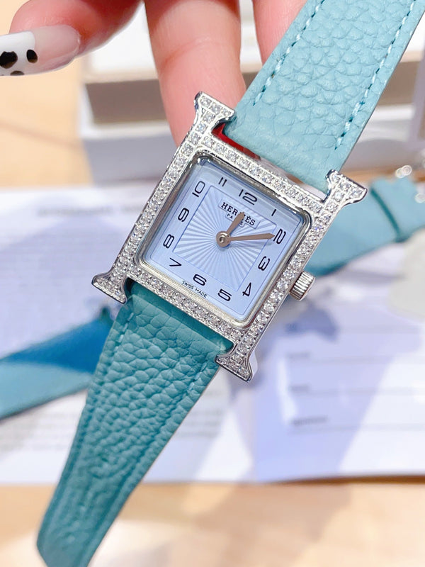 HM HEURE H 26 SILVER BLUE DIAL DIAMOND BEZEL EPSOM LEATHER