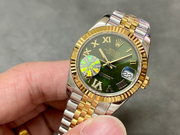 DATEJUST 36MM GOLD STEEL DIAMOND NUMERALS GREEN DIAL