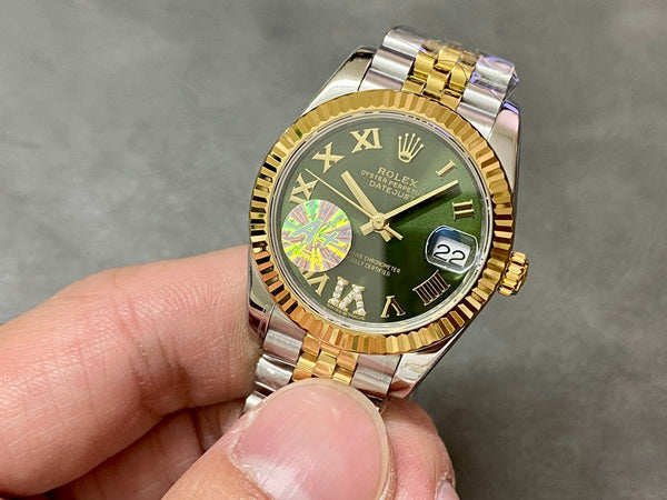 DATEJUST 36MM GOLD STEEL DIAMOND NUMERALS GREEN DIAL