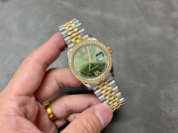 DATEJUST 36MM GOLD STEEL DIAMOND BEZEL GREEN DIAL