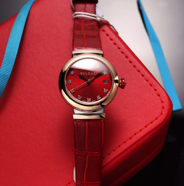 BVL LVCEA 33 PINK GOLD RED DIAL LEATHER STRAP