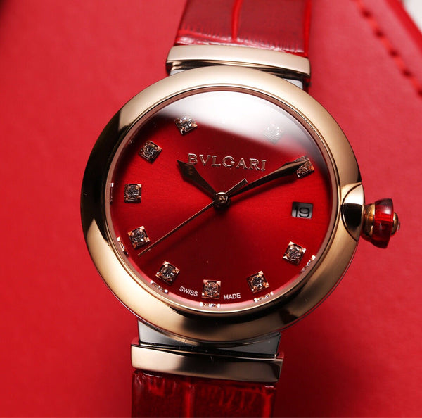BVL LVCEA 33 PINK GOLD RED DIAL LEATHER STRAP