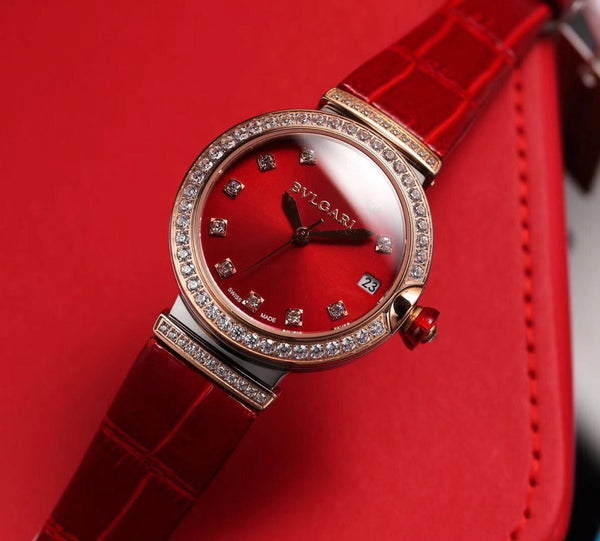 BVL LVCEA 33 PINK GOLD RED DIAL LEATHER STRAP