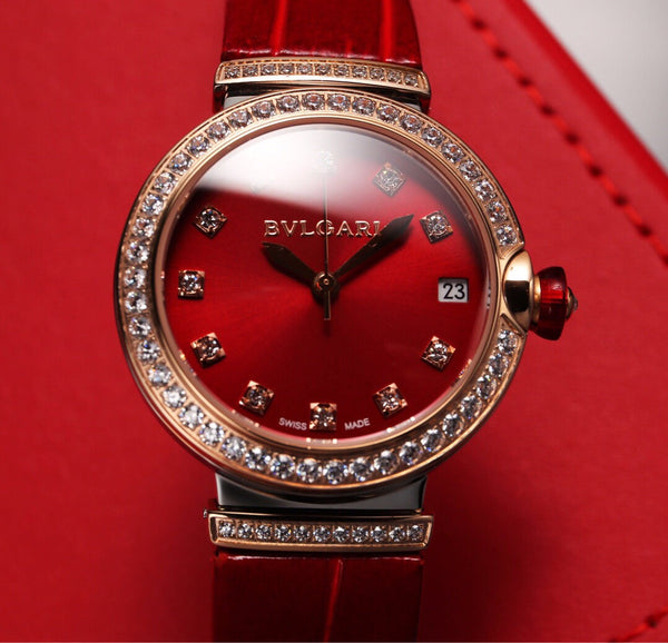 BVL LVCEA 33 PINK GOLD RED DIAL LEATHER STRAP