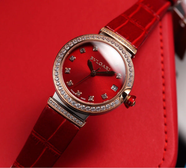 BVL LVCEA 33 PINK GOLD RED DIAL LEATHER STRAP