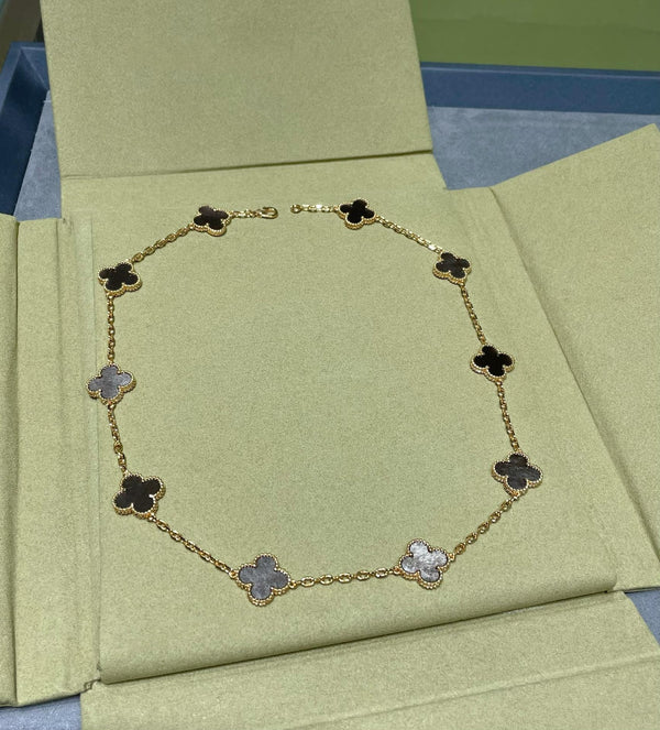 CLOVER 10 MOTIF GREY MOP PINK GOLD NECKLACE