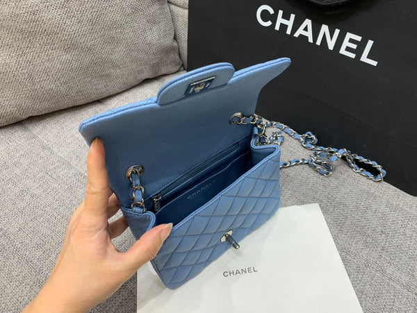 MINI SQUARE FLAP BAG 17CM BLUE CAVIAR SILVER HARDWARE