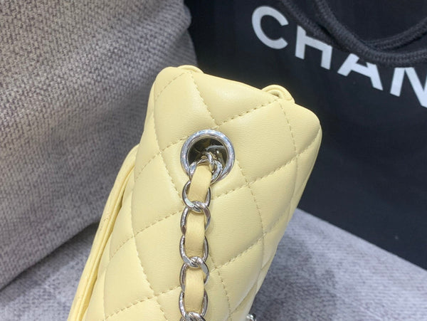 MINI BORSA RETTANGOLARE CON PATTA 20 CM IN PELLE DI AGNELLO GIALLA E FERRAMENTA IN ARGENTO