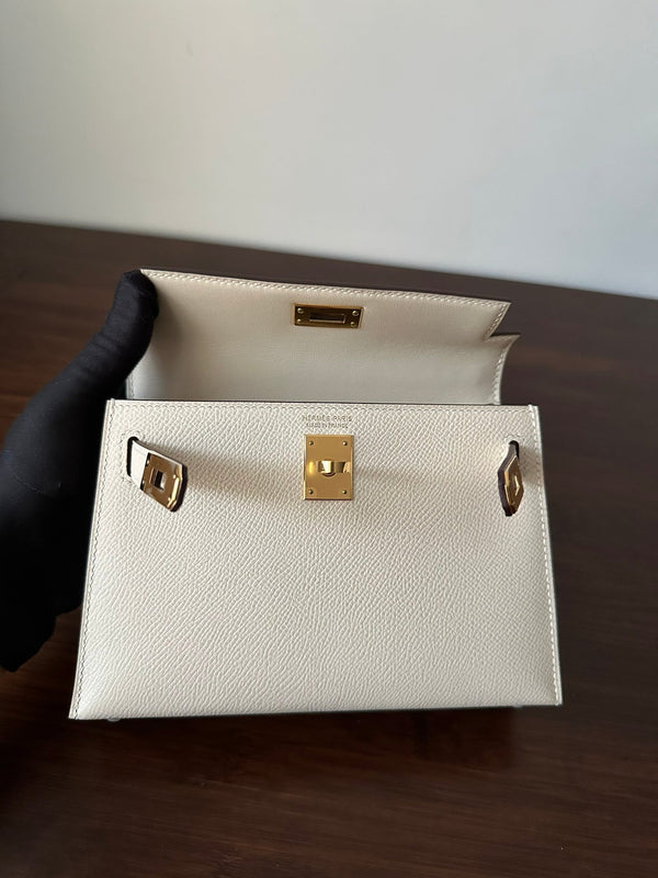 HM KELLY MINI 20 WHITE EPSOM GOLD HARDWARE