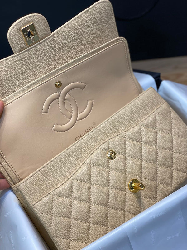 FLAP BAG 25CM GOLD HARDWARE BEIGE CAVIAR