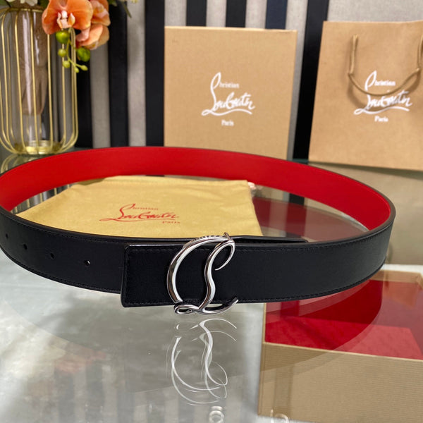 CL Logo Belt with Silver Buckle Black Red Cowhide